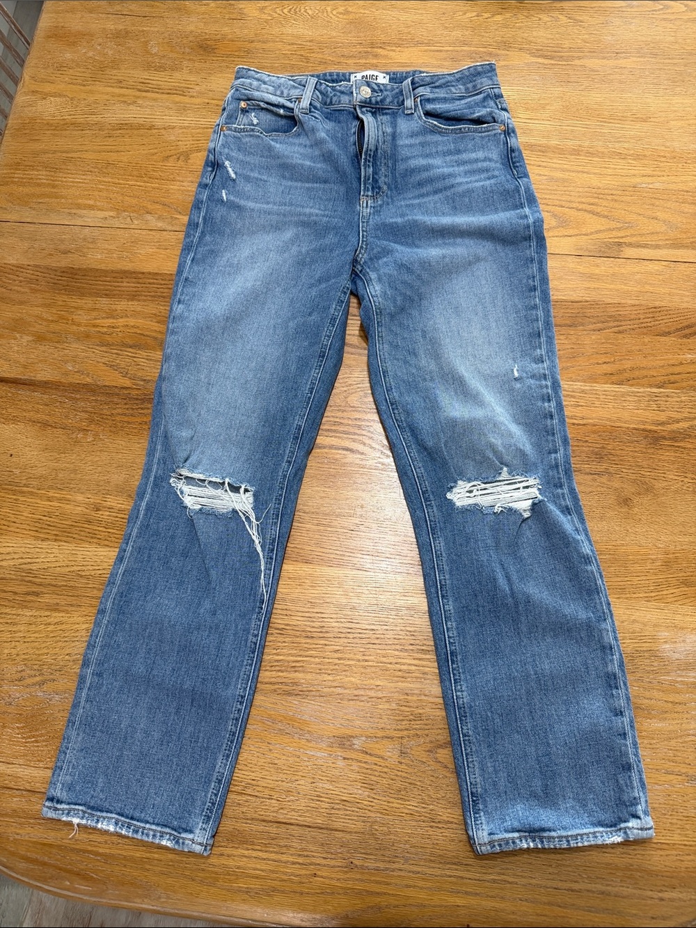 Paige Distressed Jeans Women Medium Wash Straight Leg Denim